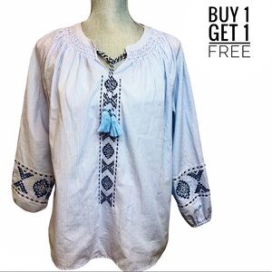 Time & Tru Blue Stripe Tassel Tie Peasant Top Sz S